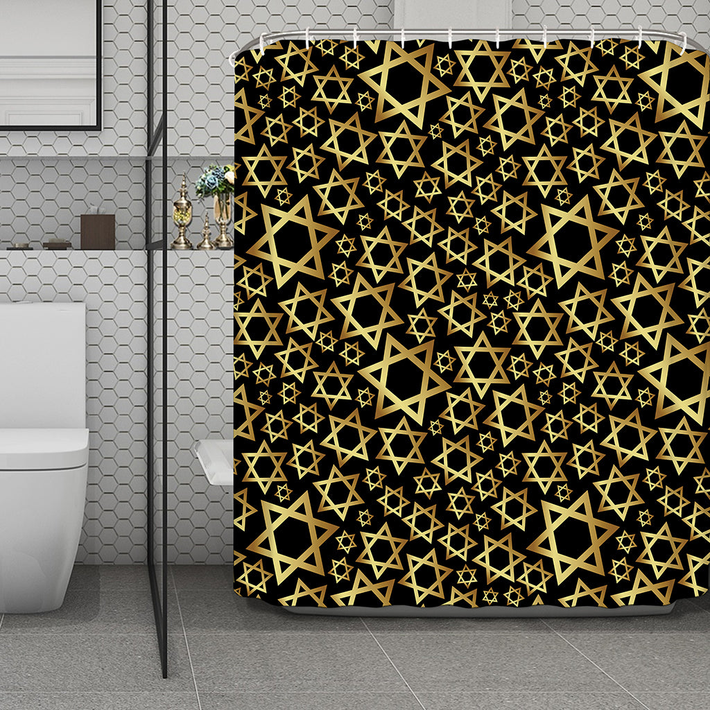 Black And Gold Star of David Print Polyester Shower Curtain