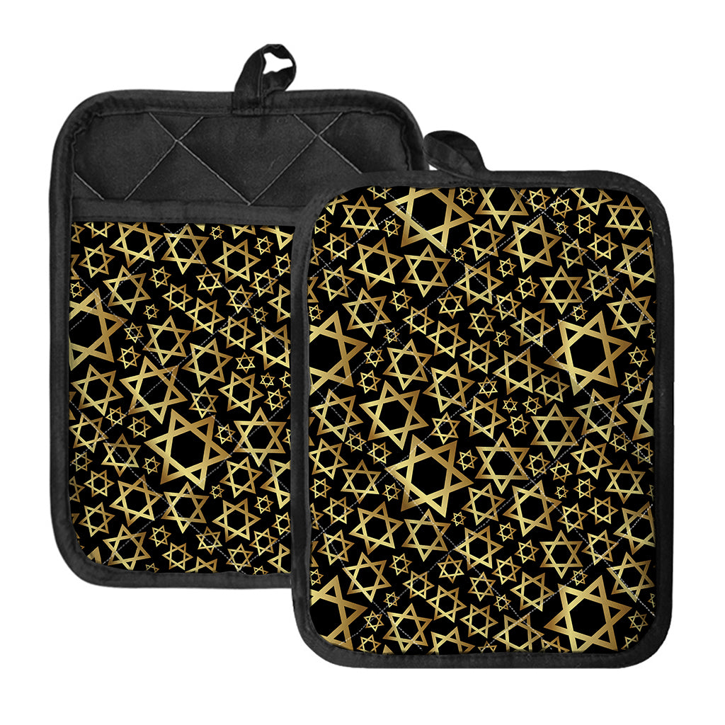 Black And Gold Star of David Print Pot Holders With Pocket