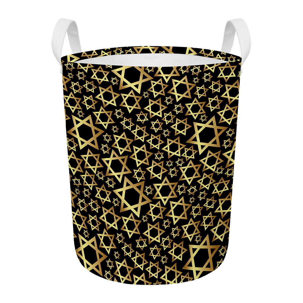 Black And Gold Star of David Print Round Laundry Basket