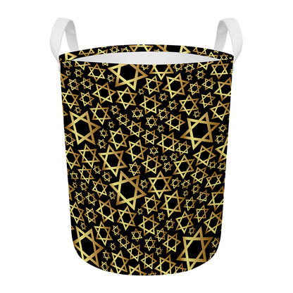 Black And Gold Star of David Print Round Laundry Basket