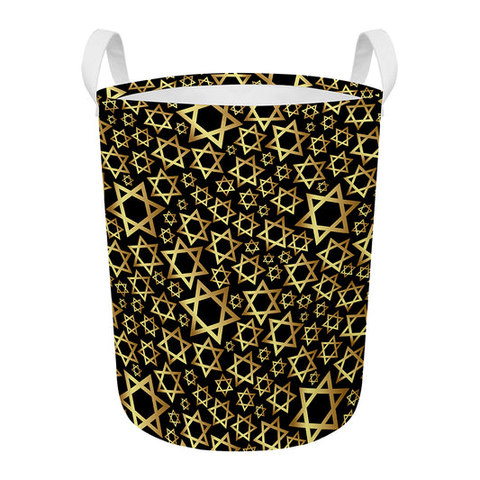 Black And Gold Star of David Print Round Laundry Basket