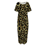 Black And Gold Star of David Print Short Sleeve Long Nightdress