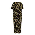 Black And Gold Star of David Print Short Sleeve Long Nightdress