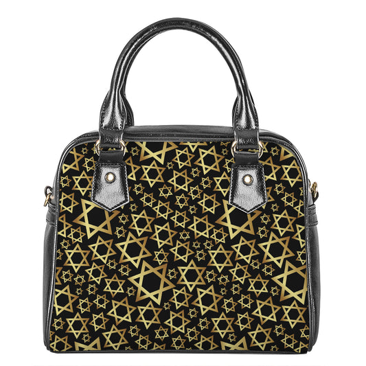 Black And Gold Star of David Print Shoulder Handbag
