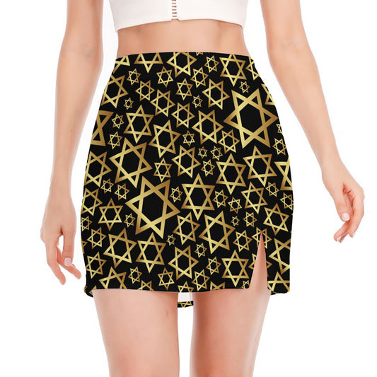 Black And Gold Star of David Print Side Slit Mini Skirt