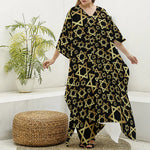 Black And Gold Star of David Print Silk V-Neck Kaftan Dress