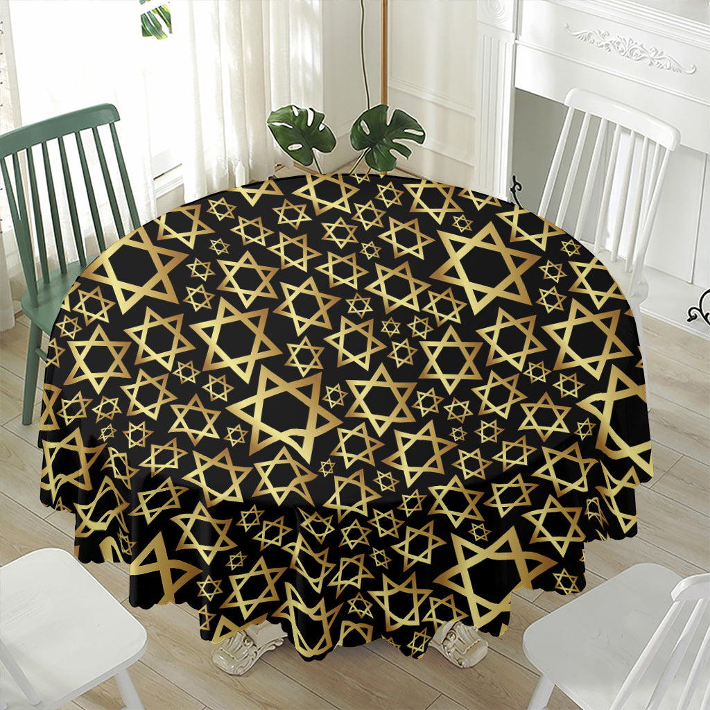 Black And Gold Star of David Print Waterproof Round Tablecloth