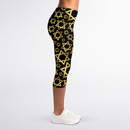 Black And Gold Star of David Print Women's Capri Leggings