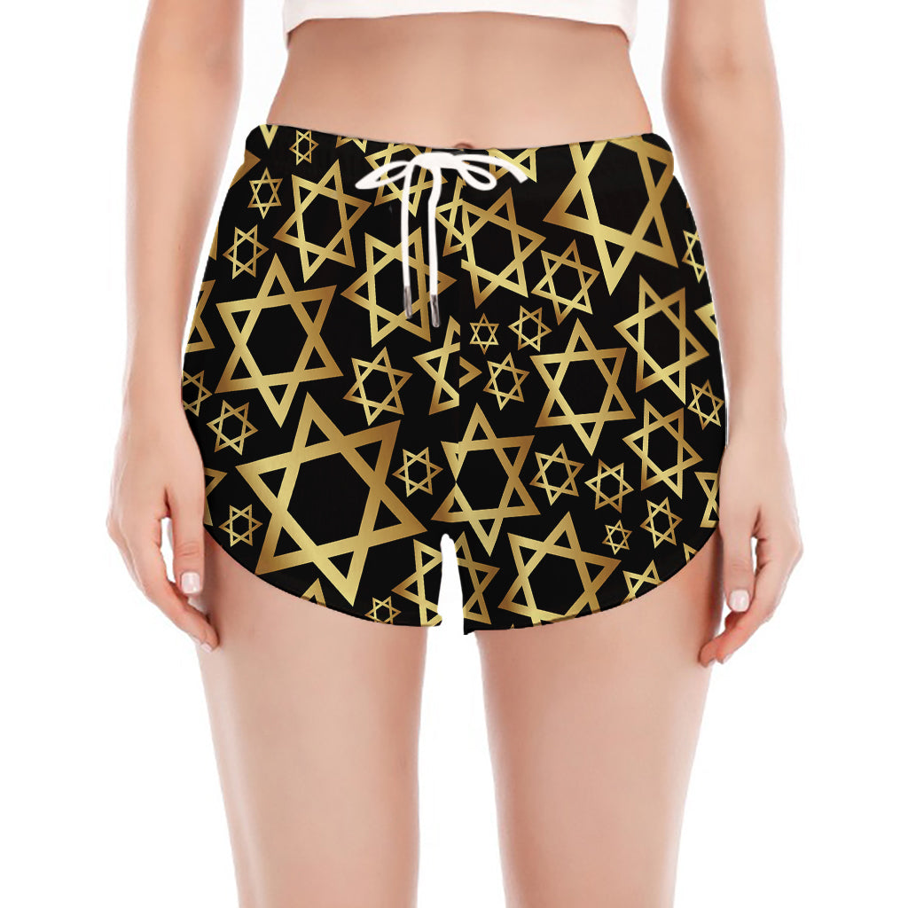 Black And Gold Star of David Print Women's Split Running Shorts
