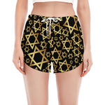 Black And Gold Star of David Print Women's Split Running Shorts