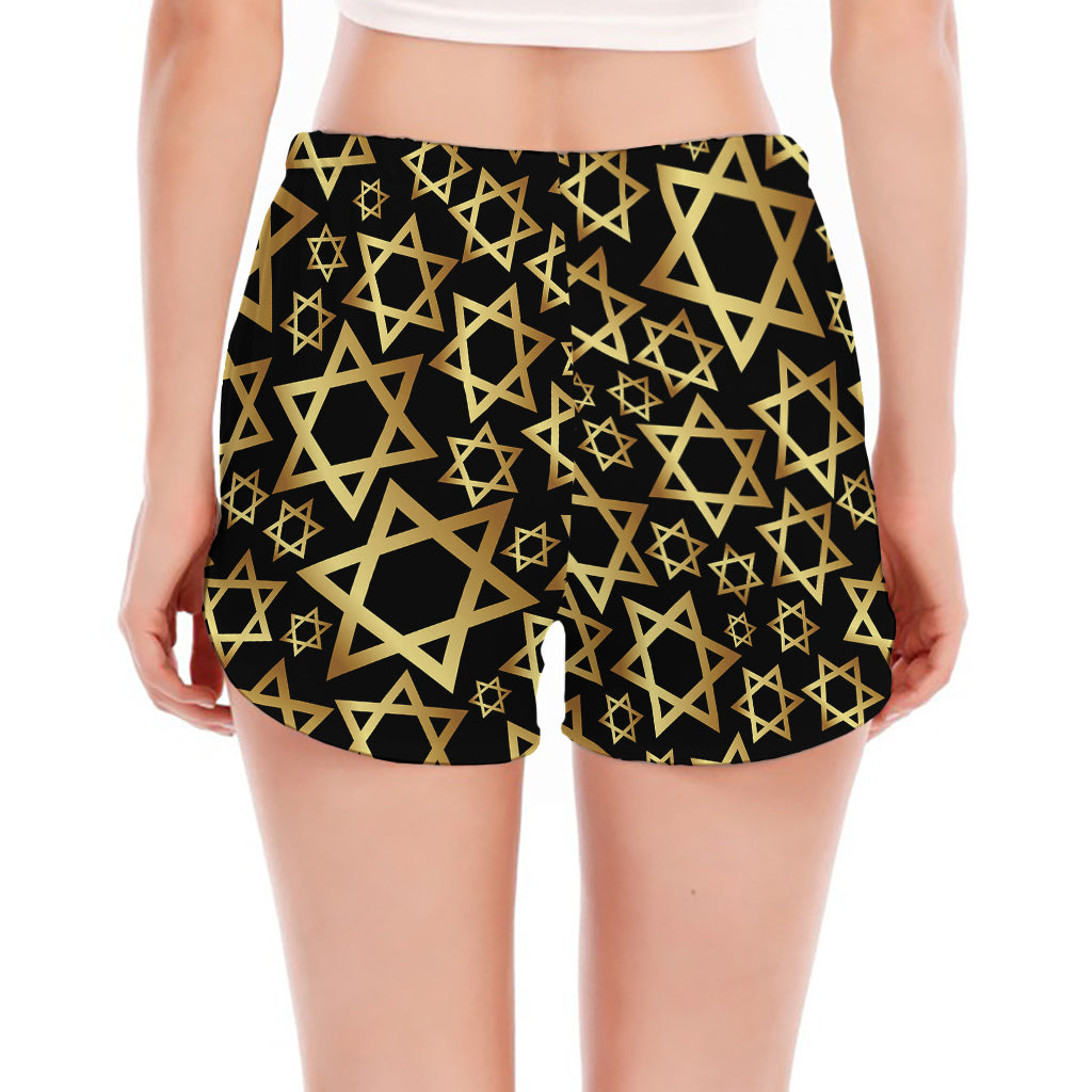 Black And Gold Star of David Print Women's Split Running Shorts