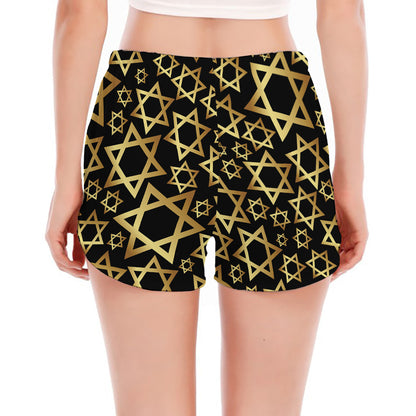Black And Gold Star of David Print Women's Split Running Shorts