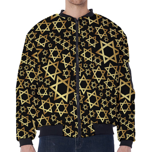 Black And Gold Star of David Print Zip Sleeve Bomber Jacket
