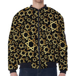 Black And Gold Star of David Print Zip Sleeve Bomber Jacket