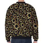 Black And Gold Star of David Print Zip Sleeve Bomber Jacket