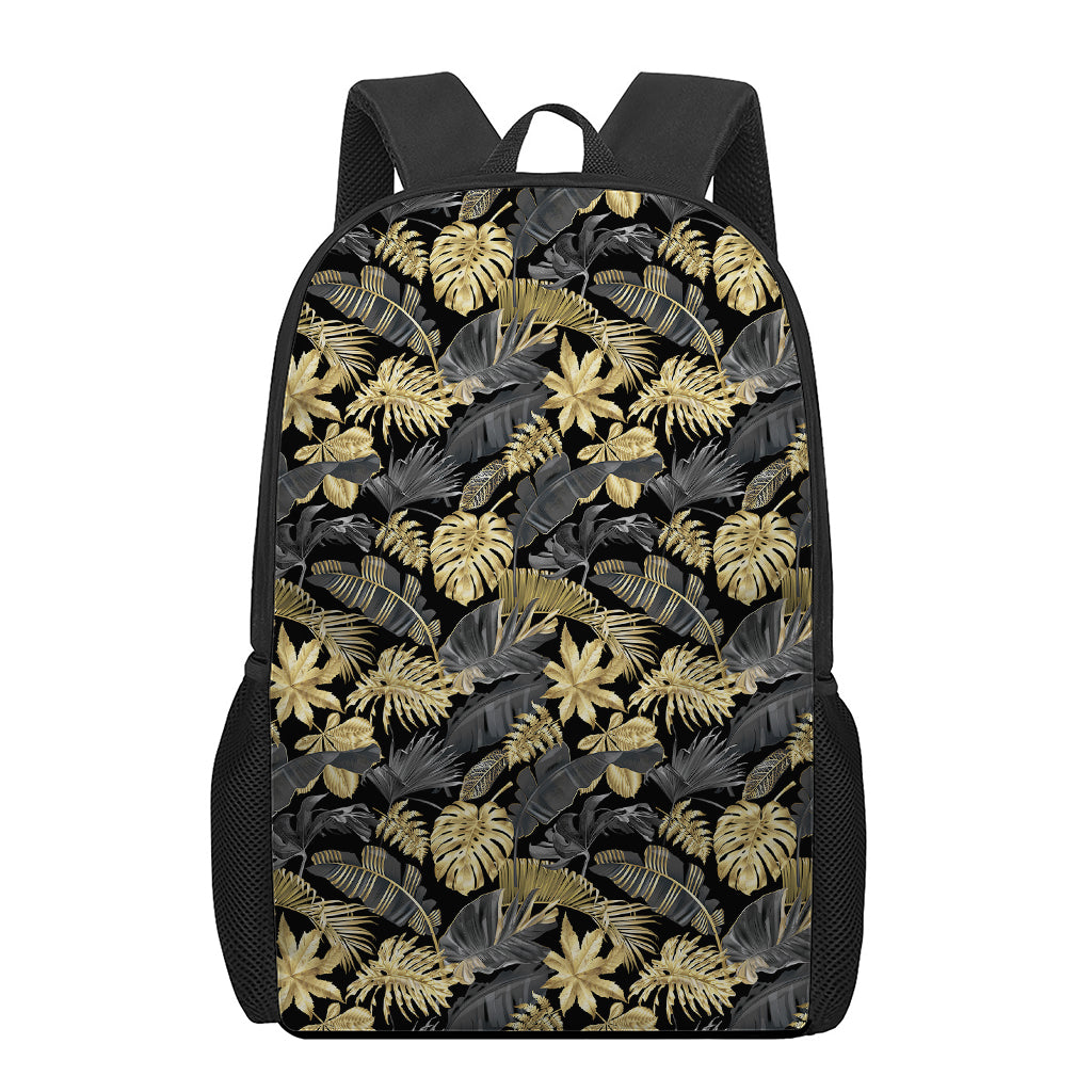 Black And Gold Tropical Pattern Print 17 Inch Backpack