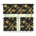 Black And Gold Tropical Pattern Print 3 Piece Kitchen Curtains
