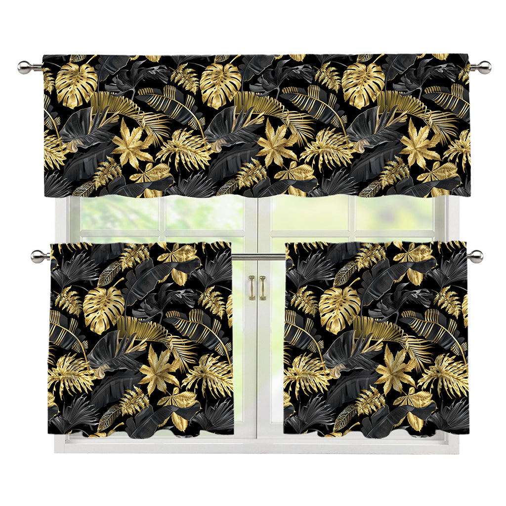 Black And Gold Tropical Pattern Print 3 Piece Kitchen Curtains