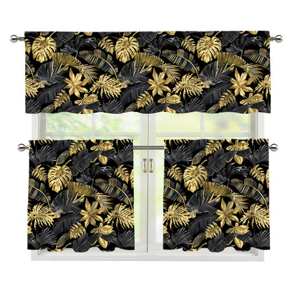 Black And Gold Tropical Pattern Print 3 Piece Kitchen Curtains