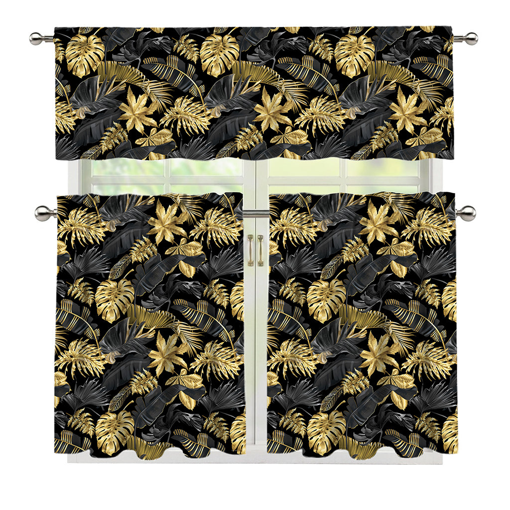 Black And Gold Tropical Pattern Print 3 Piece Kitchen Curtains