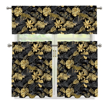 Black And Gold Tropical Pattern Print 3 Piece Kitchen Curtains