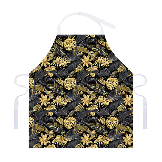 Black And Gold Tropical Pattern Print Adjustable Apron