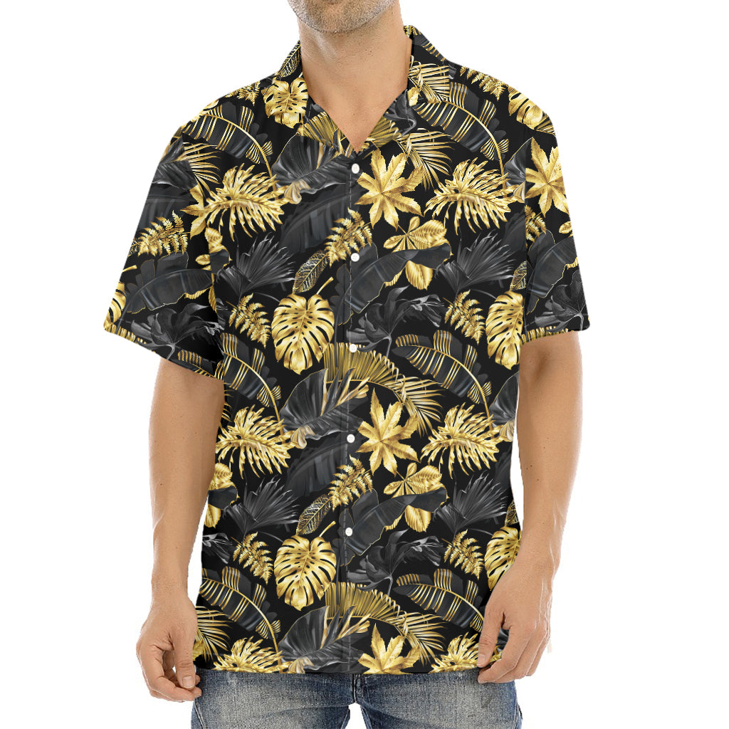 Black And Gold Tropical Pattern Print Aloha Shirt