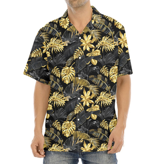 Black And Gold Tropical Pattern Print Aloha Shirt