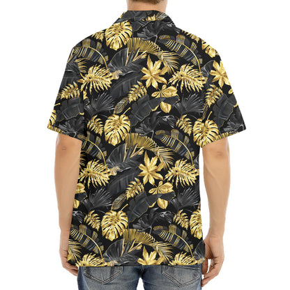 Black And Gold Tropical Pattern Print Aloha Shirt