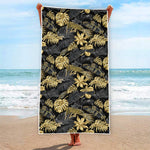 Black And Gold Tropical Pattern Print Beach Towel
