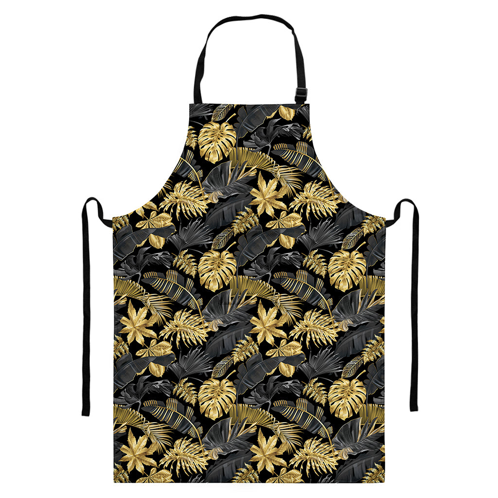 Black And Gold Tropical Pattern Print Bib Apron With Pocket