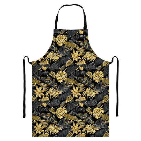 Black And Gold Tropical Pattern Print Bib Apron With Pocket