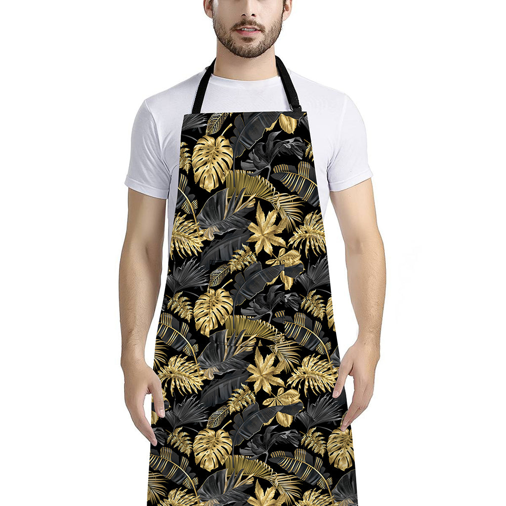 Black And Gold Tropical Pattern Print Bib Apron With Pocket