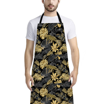 Black And Gold Tropical Pattern Print Bib Apron With Pocket