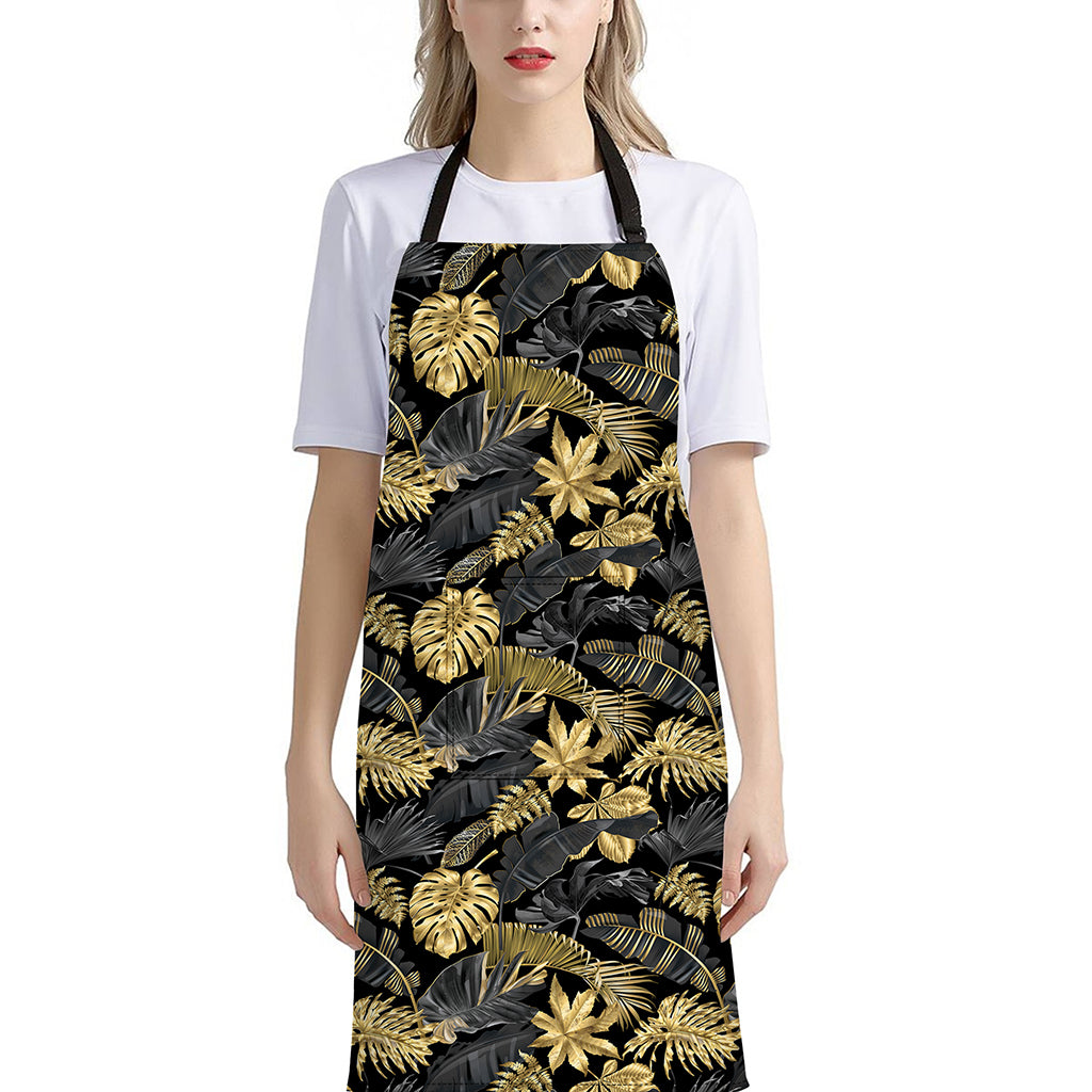 Black And Gold Tropical Pattern Print Bib Apron With Pocket