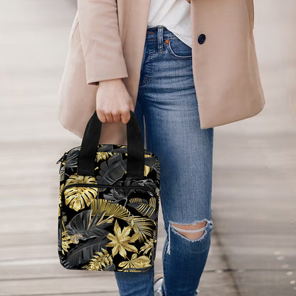 Black And Gold Tropical Pattern Print Bible Tote Bag