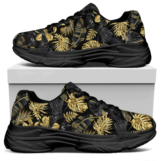 Black And Gold Tropical Pattern Print Black Chunky Shoes