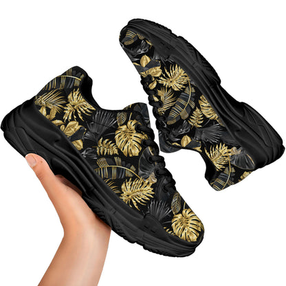 Black And Gold Tropical Pattern Print Black Chunky Shoes