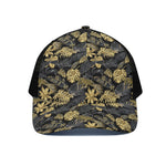Black And Gold Tropical Pattern Print Black Mesh Trucker Cap