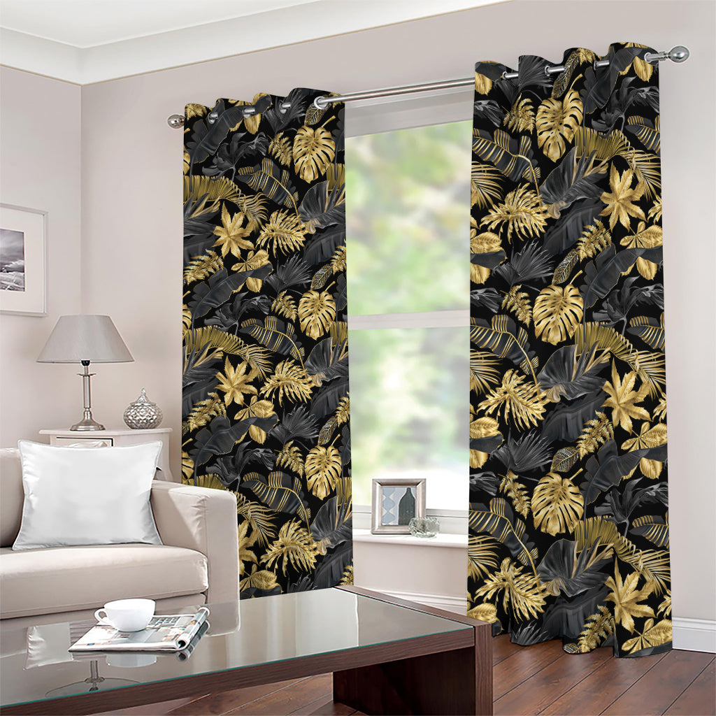 Black And Gold Tropical Pattern Print Blackout Grommet Curtains