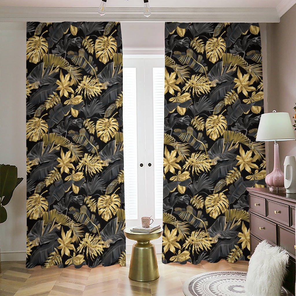 Black And Gold Tropical Pattern Print Blackout Pencil Pleat Curtains