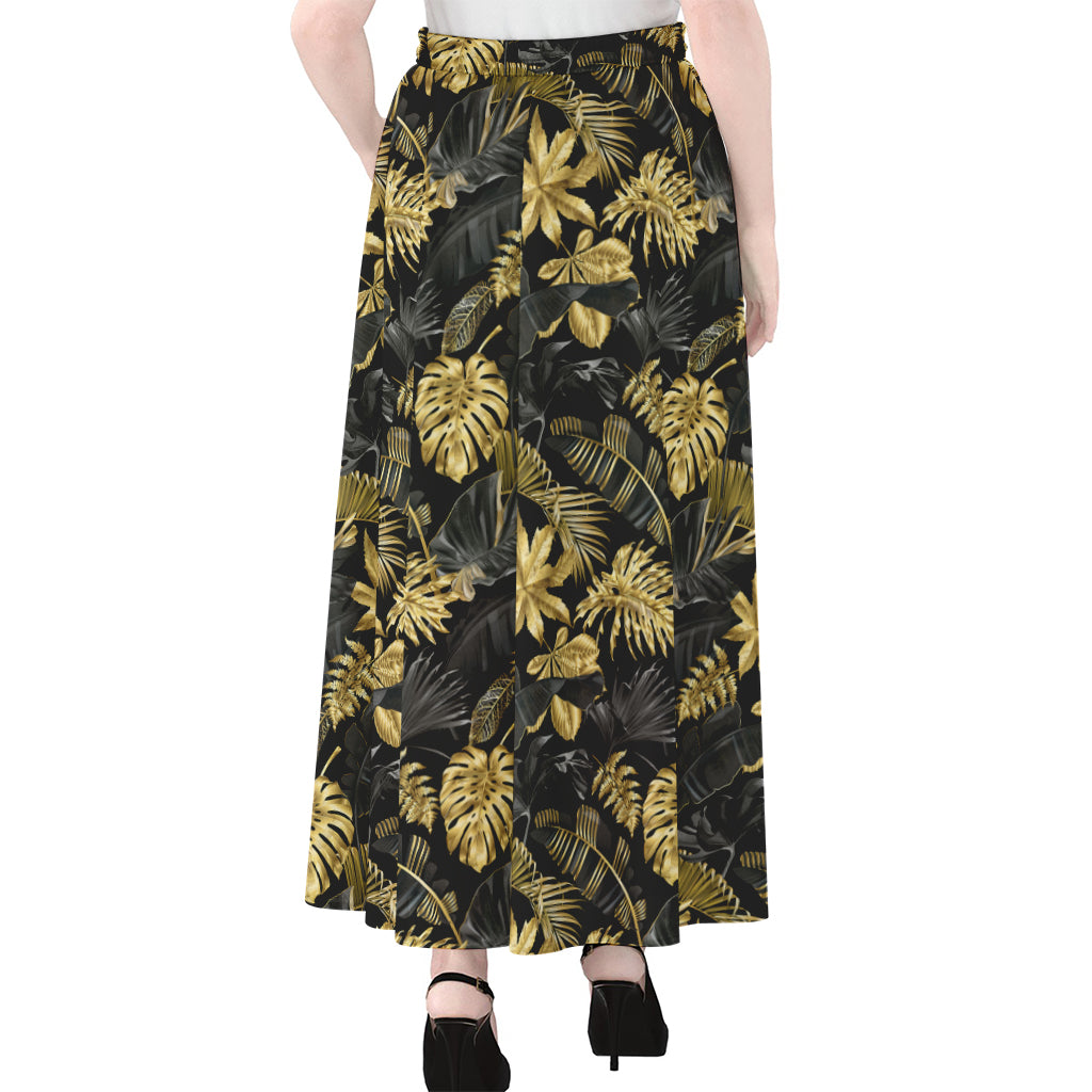 Black And Gold Tropical Pattern Print Chiffon Maxi Skirt