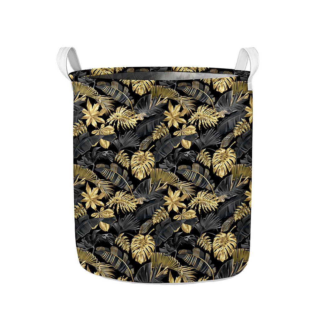Black And Gold Tropical Pattern Print Collapsible Laundry Basket
