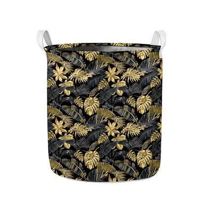 Black And Gold Tropical Pattern Print Collapsible Laundry Basket