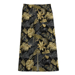 Black And Gold Tropical Pattern Print Cotton Front Slit Maxi Skirt