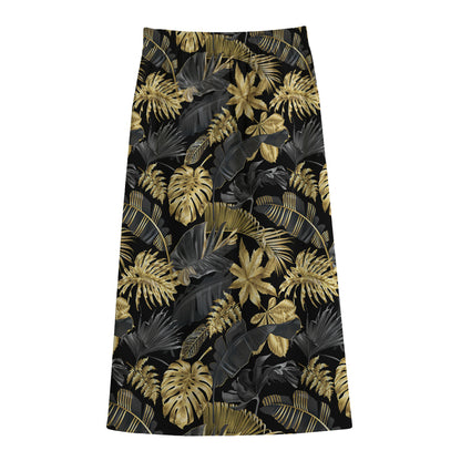 Black And Gold Tropical Pattern Print Cotton Front Slit Maxi Skirt