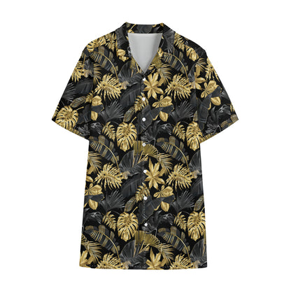 Black And Gold Tropical Pattern Print Cotton Hawaiian Shirt