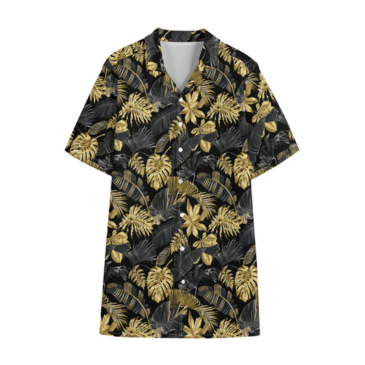 Black And Gold Tropical Pattern Print Cotton Hawaiian Shirt