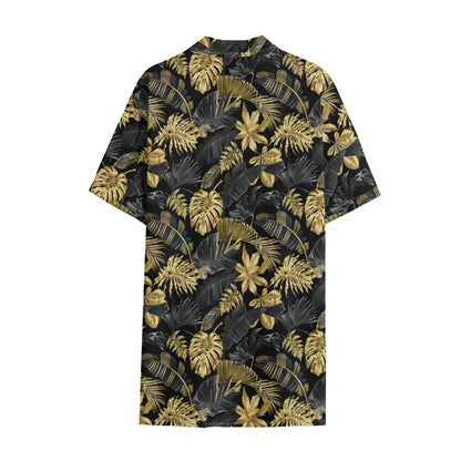 Black And Gold Tropical Pattern Print Cotton Hawaiian Shirt