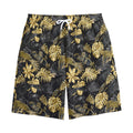 Black And Gold Tropical Pattern Print Cotton Shorts
